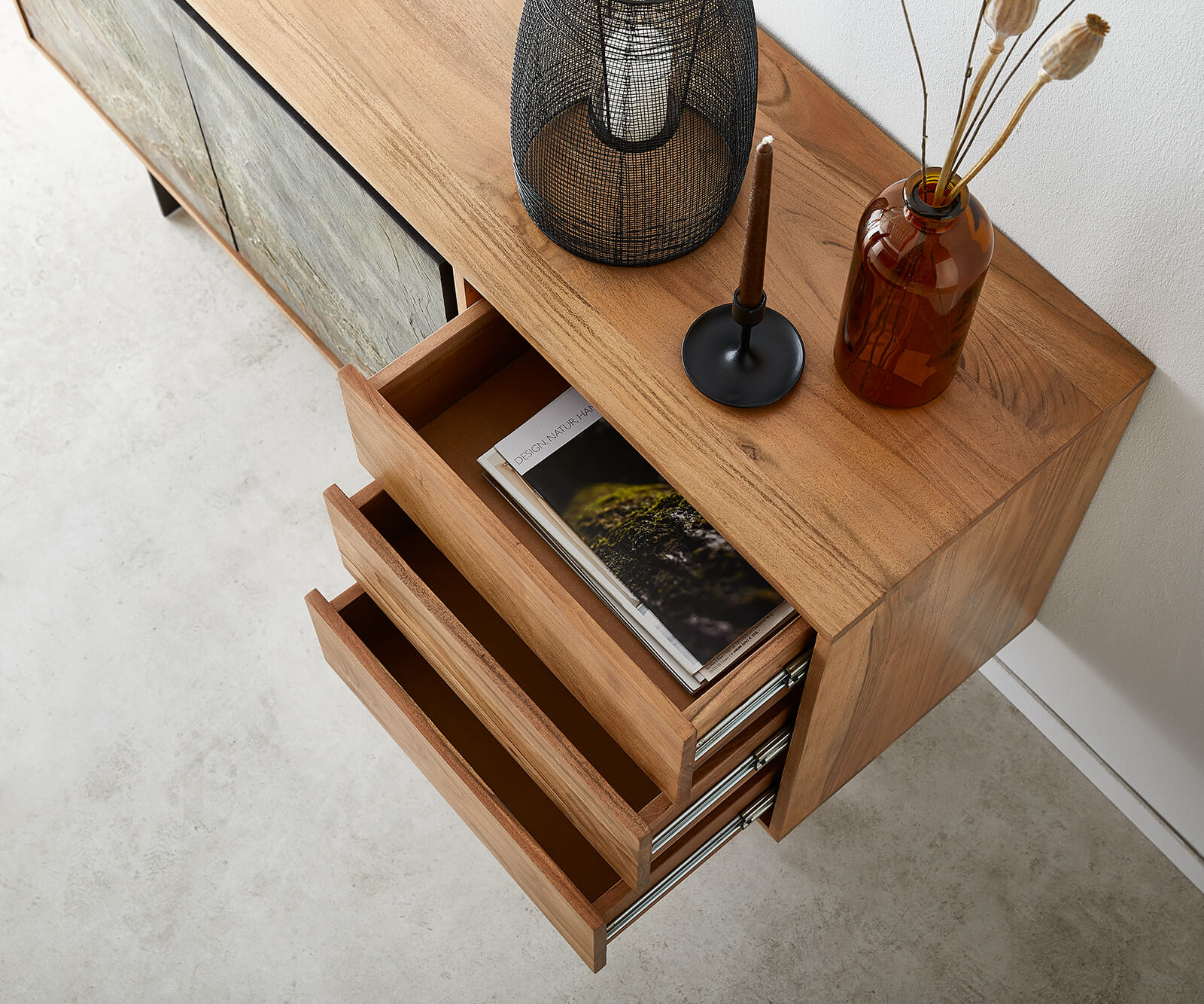 Buffet Juwelo 150 cm acacia nature avec placage de pierre 5